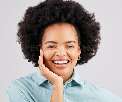 Buy stock photo Happy, face and portrait of black woman in studio with smile, confidence and happiness on white background. Business, success mockup and female worker with positive mindset, pride and empowerment