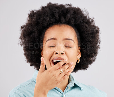 Buy stock photo Yawning, studio and face of a woman tired with insomnia and sleep problem. Isolated, white background and fatigue of a young and female model lazy and ready for sleeping and rest covering mouth