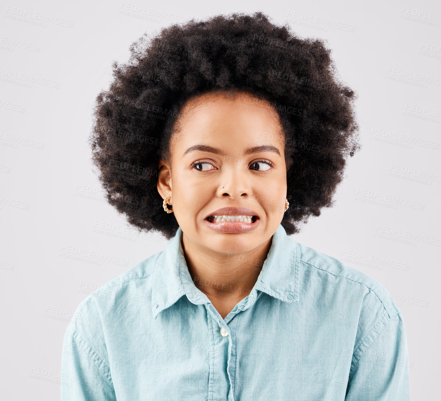 Buy stock photo Black woman, afro and oops face in studio with comic expression for fail by white background. Girl, model and african student with mistake, accident or thinking of bad decision in memory by backdrop