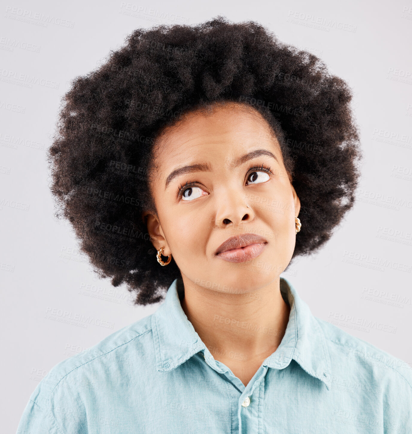 Buy stock photo Thinking, space and face of black woman in studio for mockup, idea and promotion. Show, information and mockup with female isolated on white background for logo, announcement and advertising