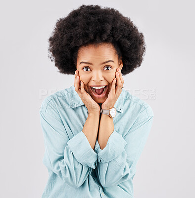 Buy stock photo Excited, surprise and face of black woman in studio for winning, achievement and celebration for good news. Success, wow mockup and isolated girl on white background omg for deal, sale and discount