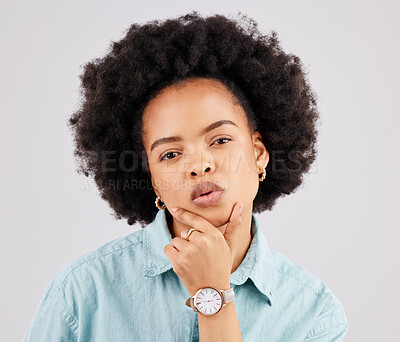 Buy stock photo Fashion, beauty and portrait of a black woman in a studio with accessories, pout and positive mindset. Stylish, trendy and headshot of serious African female model posing isolated by gray background.