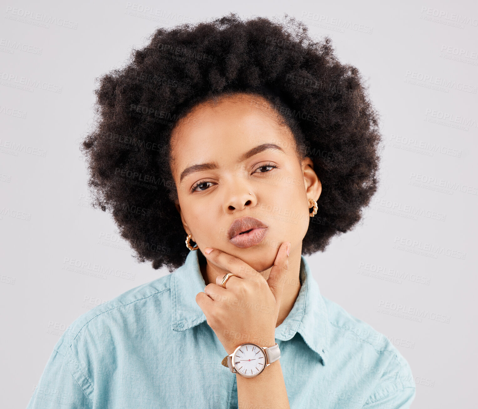 Buy stock photo Fashion, beauty and portrait of a black woman in a studio with accessories, pout and positive mindset. Stylish, trendy and headshot of serious African female model posing isolated by gray background.