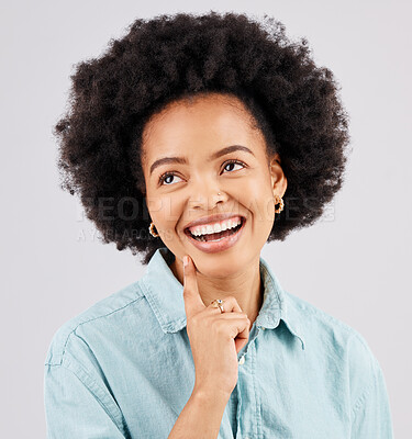 Buy stock photo Thinking, happy and face of black woman in studio with smile, confidence and happiness on white background. Business advertising, success mockup and girl with positive mindset, ideas and empowerment