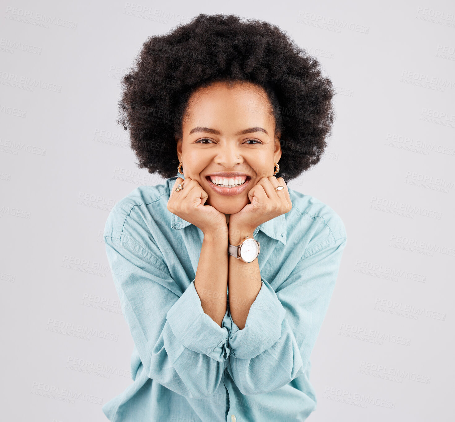 Buy stock photo Face, excited and portrait of black woman in studio smile, for good news, winning and surprise on white background. Happy, success mockup and female with positive mindset, promotion and announcement