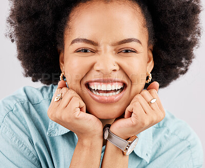 Buy stock photo Face, excited and portrait of black woman in studio with smile, confidence and happiness on white background. Happy, success mockup and zoom of girl with positive mindset, promotion and winning bonus