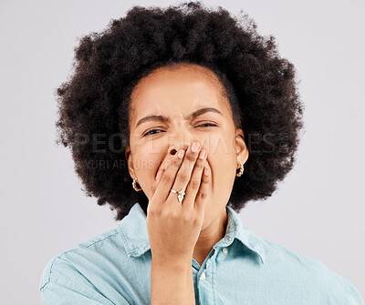 Buy stock photo Yawning, studio and portrait of a woman tired with insomnia and sleep problem. Isolated, white background and fatigue of a young and female model lazy and ready for sleeping and rest covering mouth