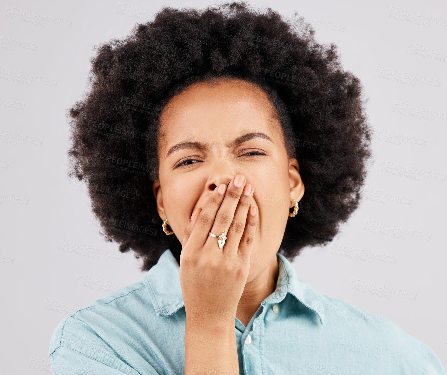 Buy stock photo Yawning, studio and portrait of a woman tired with insomnia and sleep problem. Isolated, white background and fatigue of a young and female model lazy and ready for sleeping and rest covering mouth