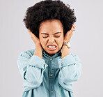 Angry, headache and woman face with stress and burnout feeling frustrated. Mental health, stressed and anger problem from female with anxiety and pain in isolated studio with grey background