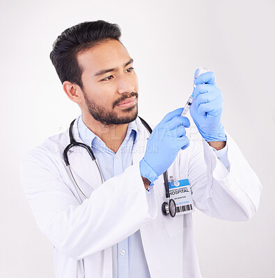 Buy stock photo Healthcare, vaccine and man doctor with injection or shot in studio against a white background. Medicine, vaccination and man health expert with needle for medical, innovation or disease treatment