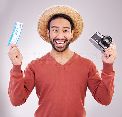 Buy stock photo Ticket, camera and portrait of excited man with paperwork for holiday, adventure and fun hat on white background. Smile, travel and happy person with boarding pass for vacation, journey and happiness