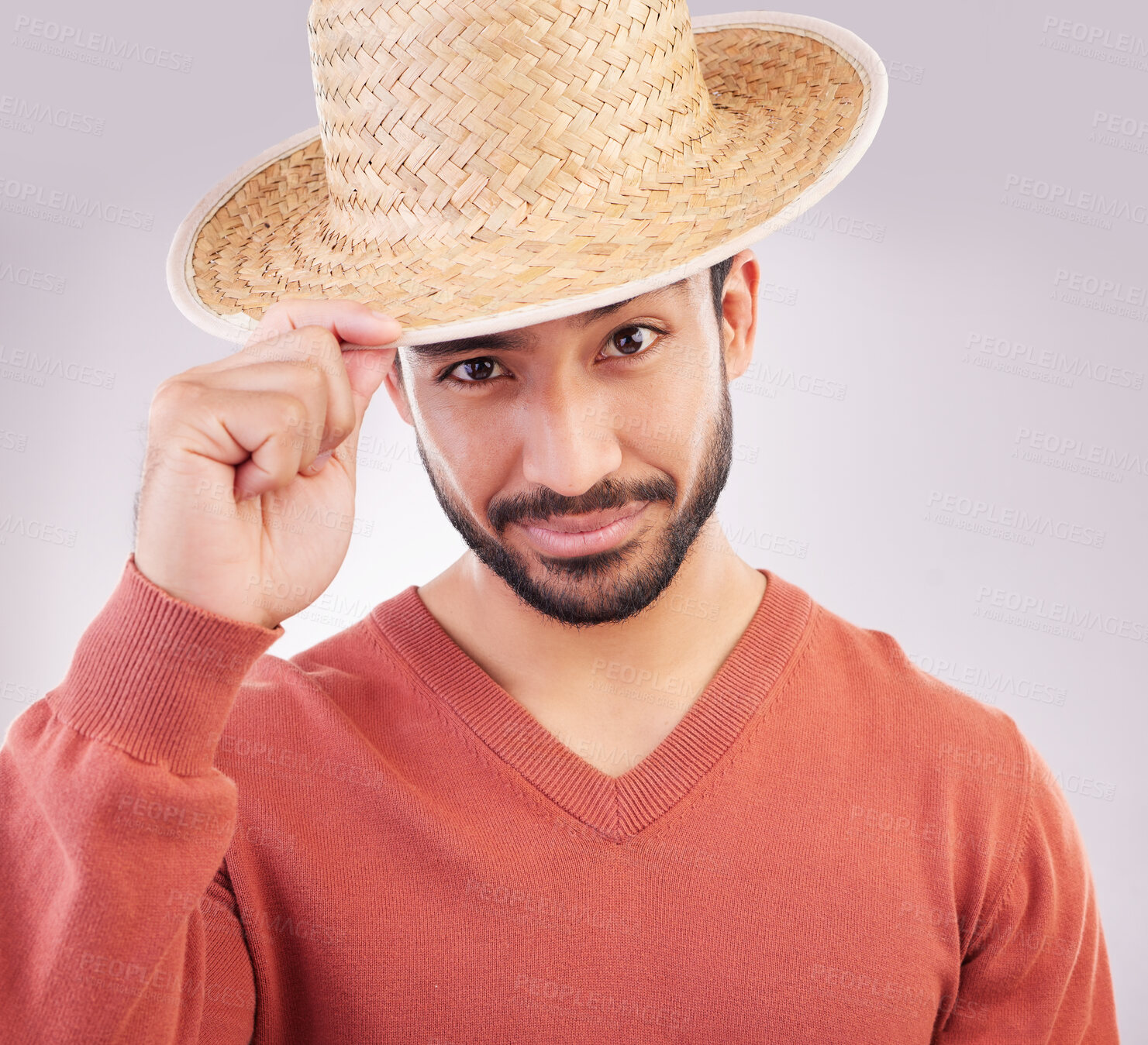 Buy stock photo Happy, stylish and portrait of an Asian man with a hat isolated on a white background in a studio. Fashionable, confident and a Japanese guy showing classic headwear with confidence on a backdrop