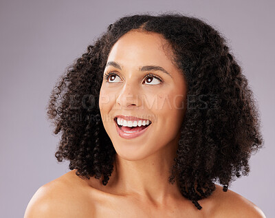 Buy stock photo Skincare, beauty and happy woman in a studio with a self care, natural and facial treatment. Happiness, smile and female model from Mexico with a cosmetic face routine isolated by a gray background.