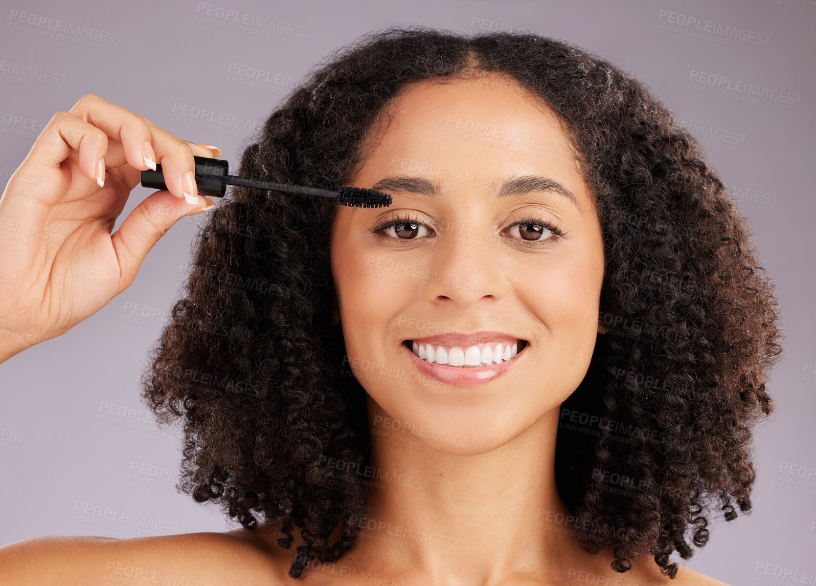 Buy stock photo Happy woman, face and smile in portrait with mascara, beauty and makeup with cosmetic product on studio background. Female, cosmetology and eyelash extension with brush, happiness and cosmetics glow