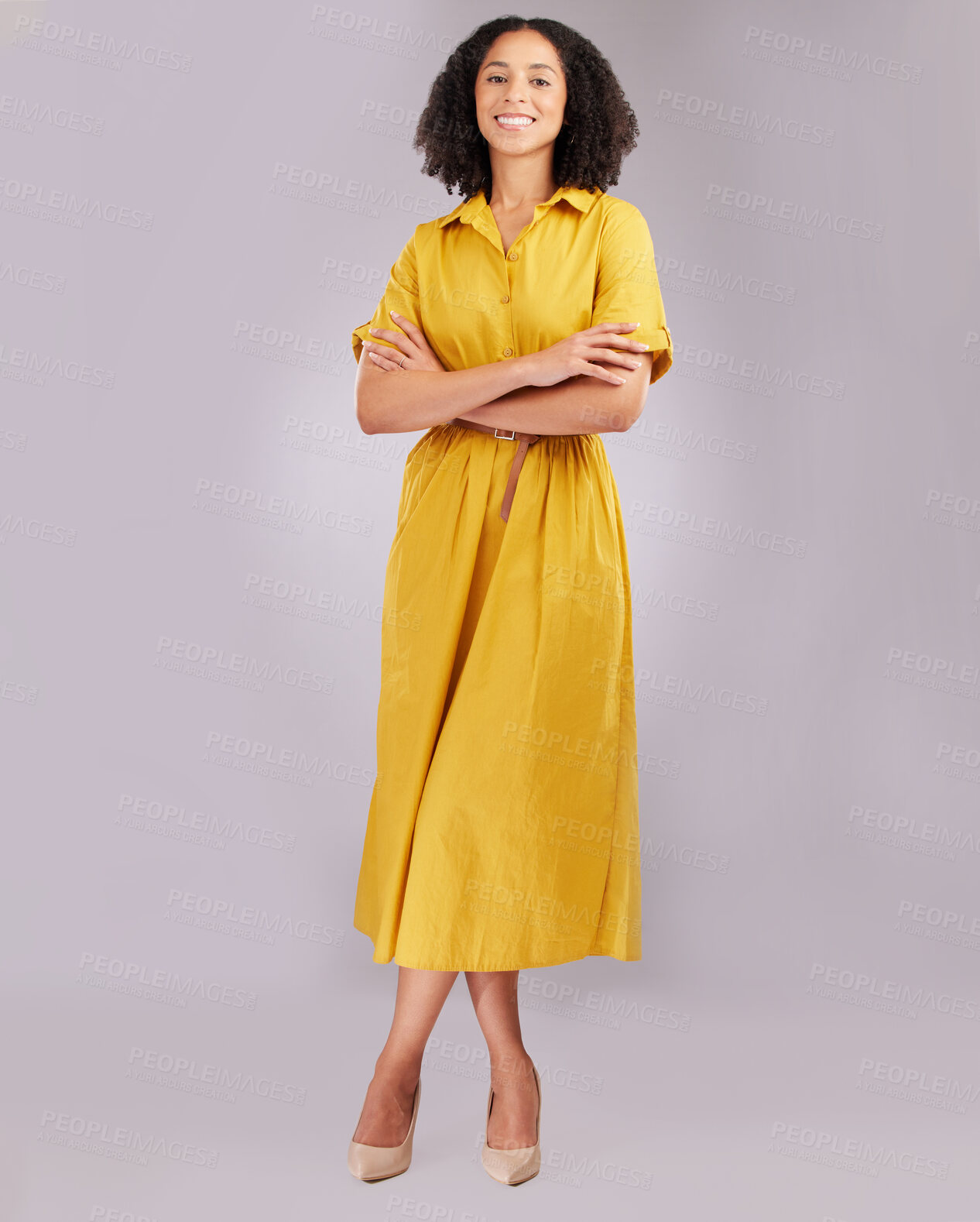 Buy stock photo Business woman, confident and portrait smile standing with arms crossed against a gray studio background. Isolated and stylish African American female model with afro smiling in confidence on mockup