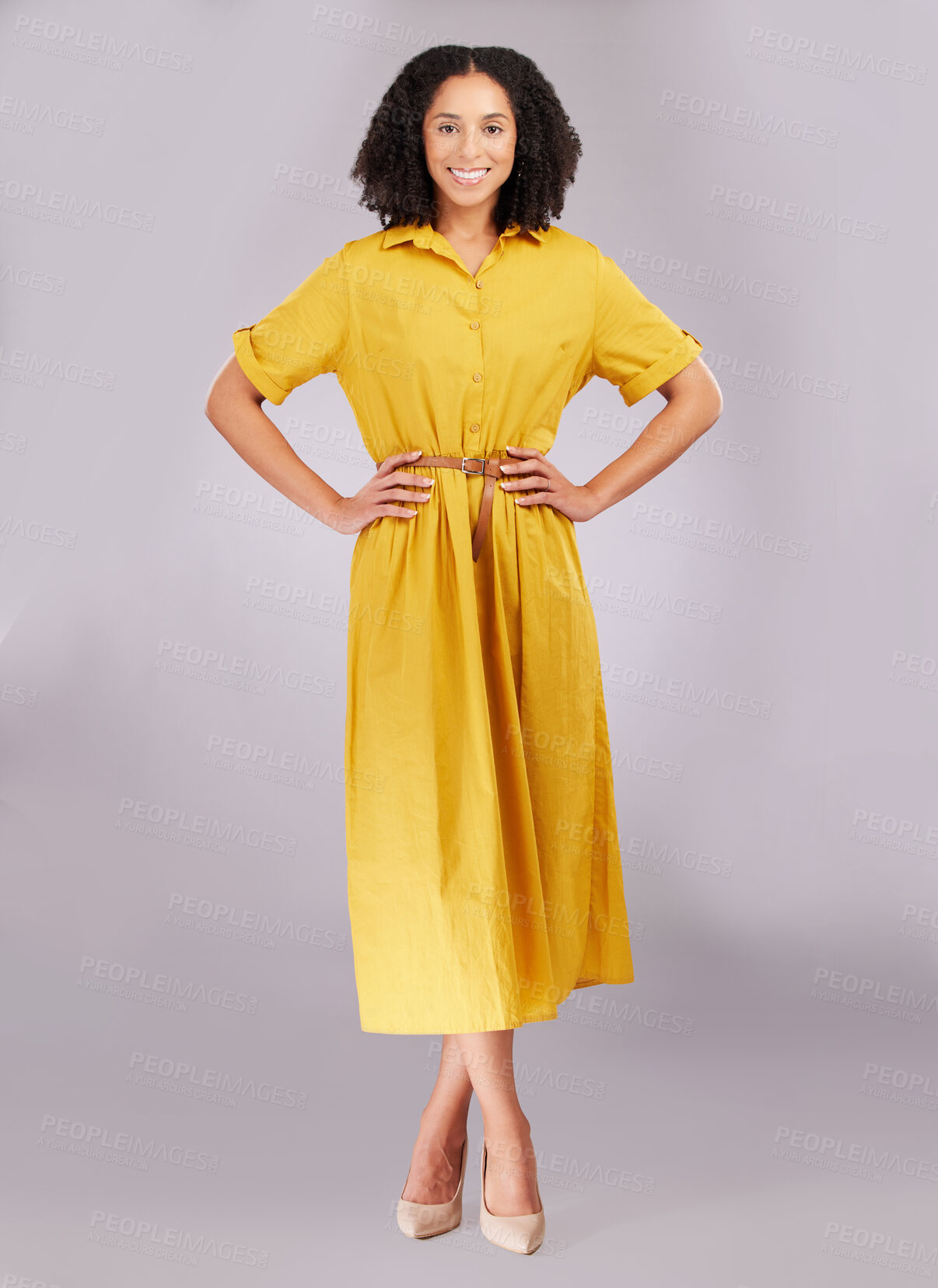 Buy stock photo Smile, woman and portrait in studio, fashion and background with style, confidence or happiness. Happy female model posing in yellow dress, positive attitude and empowerment of pride, joy and trendy 