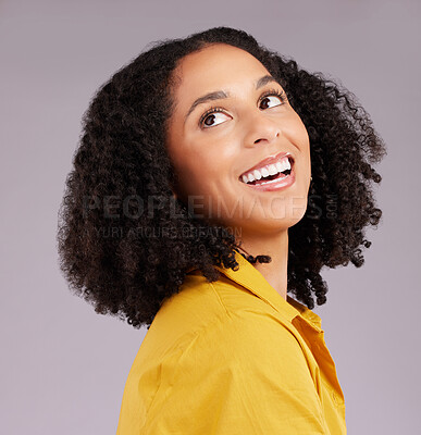 Buy stock photo Woman, happy and thinking face in studio, background and backdrop for ideas, remember memory and mindset goals. Smile, female model and daydream of visionary thoughts, imagine and optimism of hope