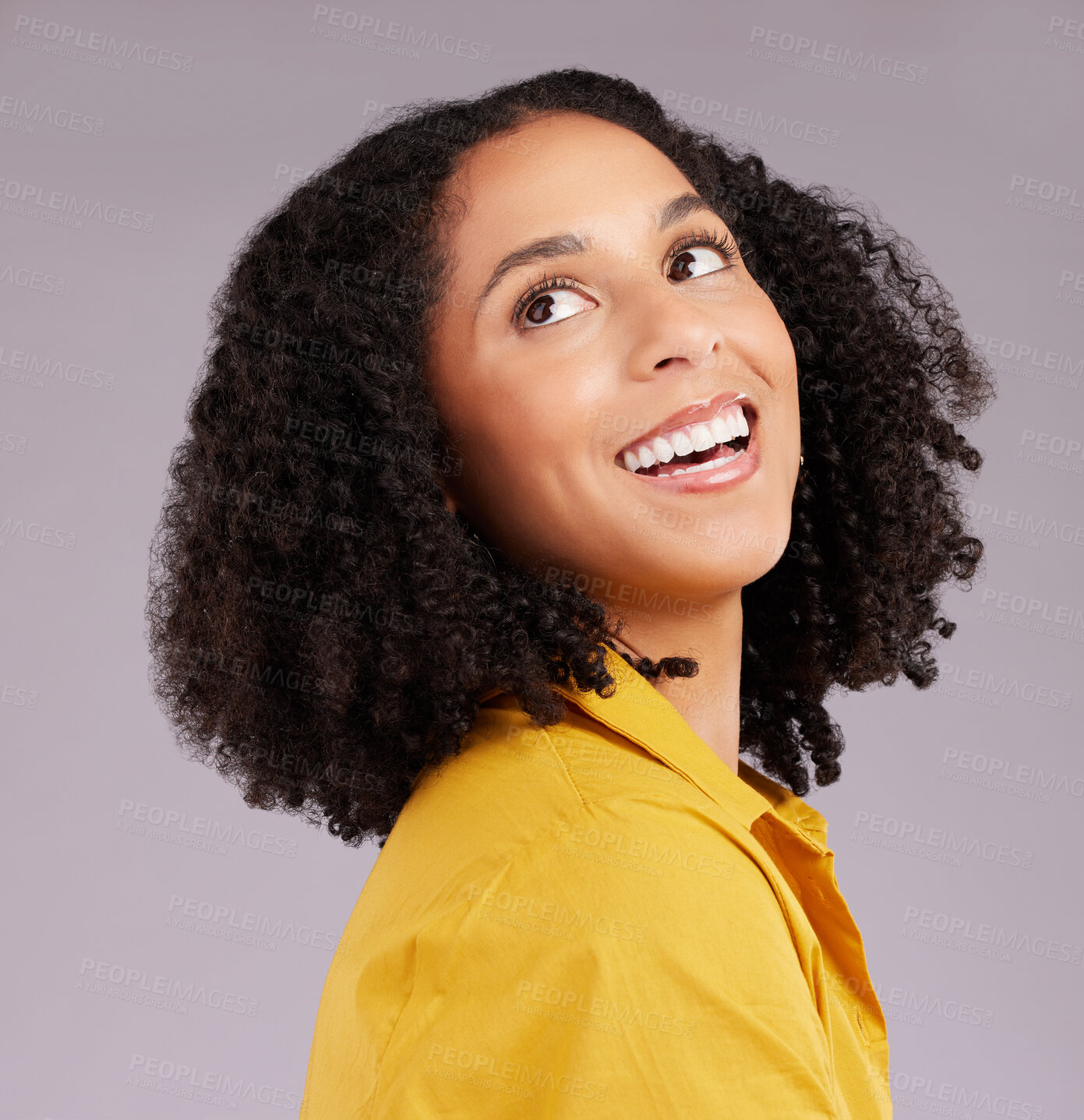 Buy stock photo Woman, happy and thinking face in studio, background and backdrop for ideas, remember memory and mindset goals. Smile, female model and daydream of visionary thoughts, imagine and optimism of hope