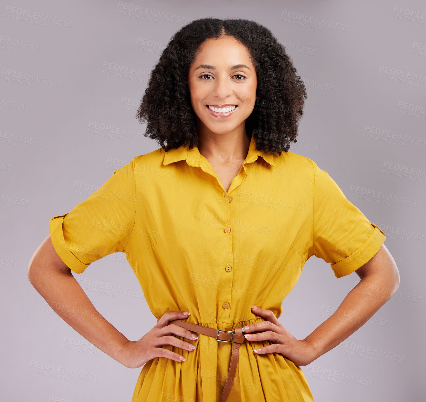 Buy stock photo Business woman, happiness in portrait with confidence and career success with positive mindset on studio background. Corporate female smile, professional person and happy with empowerment and pride