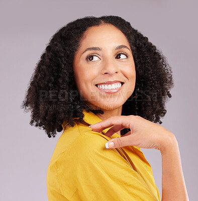 Buy stock photo Woman, smile and thinking face in studio, background and backdrop for ideas, remember memory and mindset goals. Happy female model daydream of visionary thoughts, imagine plan and optimism of hope 