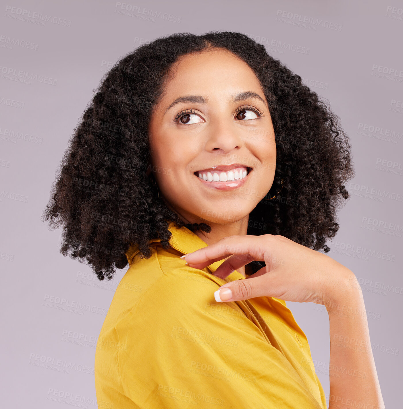 Buy stock photo Woman, smile and thinking face in studio, background and backdrop for ideas, remember memory and mindset goals. Happy female model daydream of visionary thoughts, imagine plan and optimism of hope 