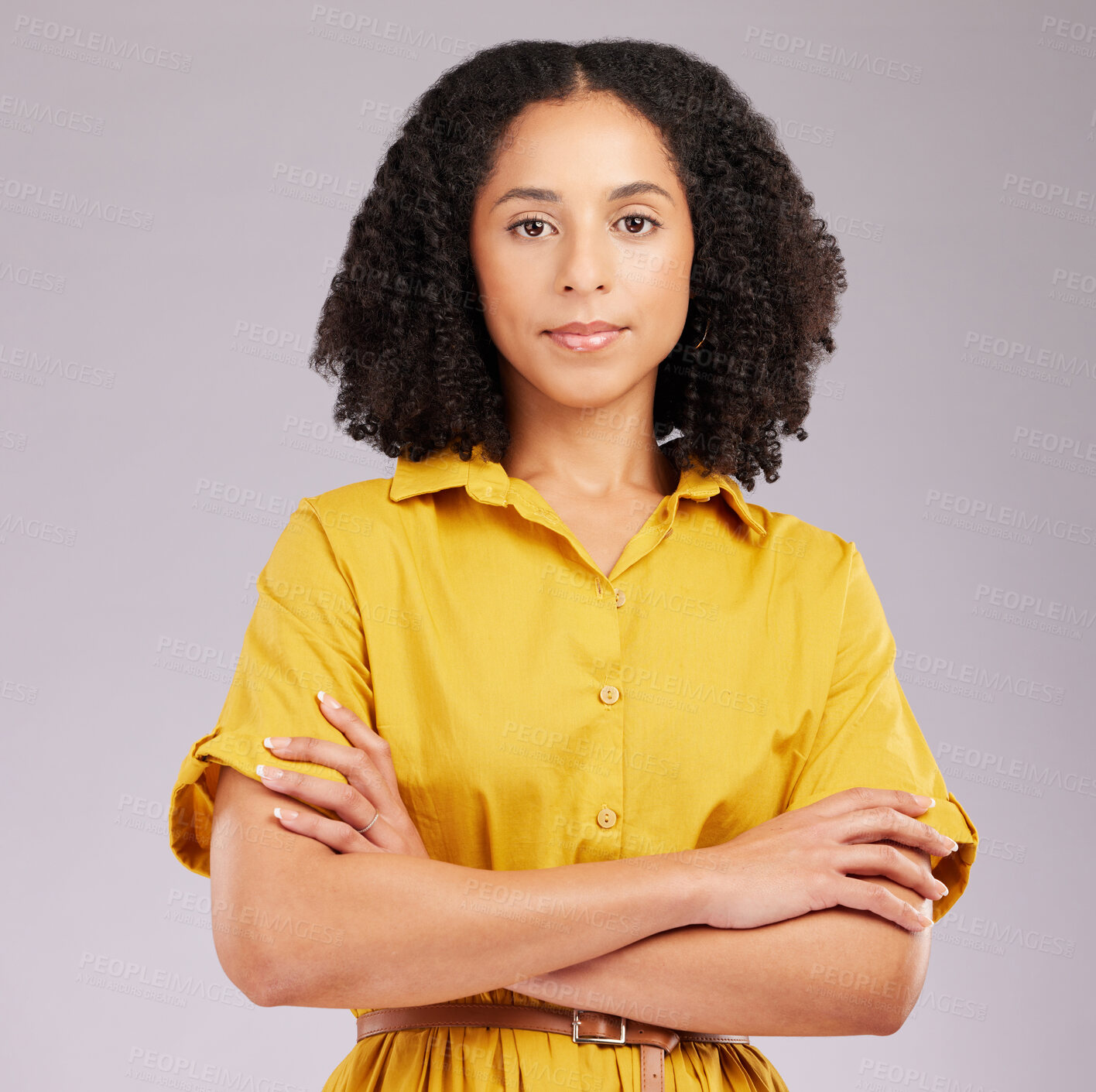 Buy stock photo Serious, woman and portrait in studio, arms crossed and background for style, confidence and fashion. Focused female model in yellow dress with attitude, empowerment and pride of trendy personality