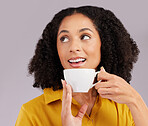 Thinking, happy and a woman drinking coffee for a break isolated on a white background in a studio. Idea, relax and a girl with a warm drink, tea or beverage while contemplating on a backdrop