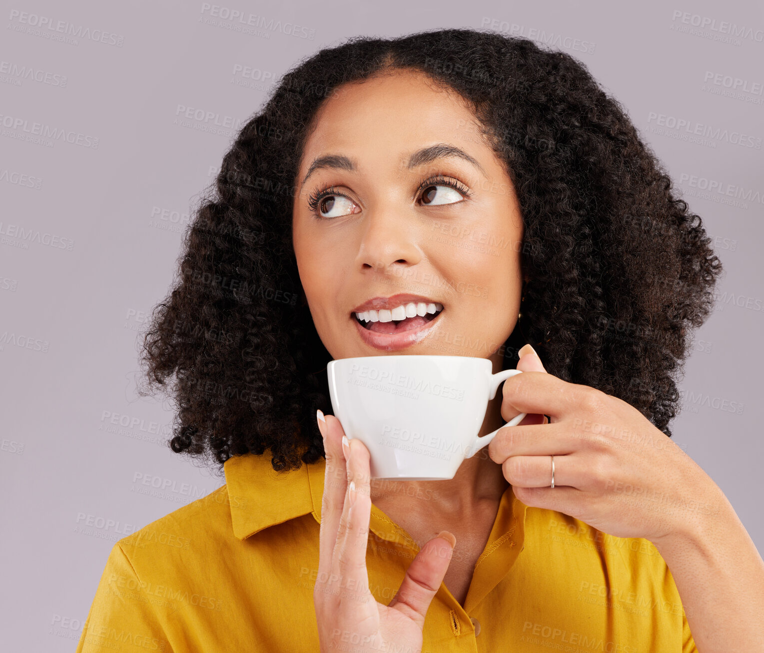 Buy stock photo Thinking, happy and a woman drinking coffee for a break isolated on a white background in a studio. Idea, relax and a girl with a warm drink, tea or beverage while contemplating on a backdrop