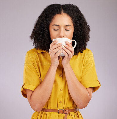 Buy stock photo Woman, coffee and drinking mug in studio, backdrop and background for warm beverage, latte and smell of espresso. Female model enjoying cup of tea, cappuccino and good mood for break, calm and peace