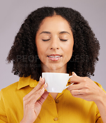 Buy stock photo Relax, enjoying aroma and a woman drinking coffee isolated on a white background in studio. Calm, content and a girl with a warm beverage or cup of tea for relaxation, peace or a break on a backdrop