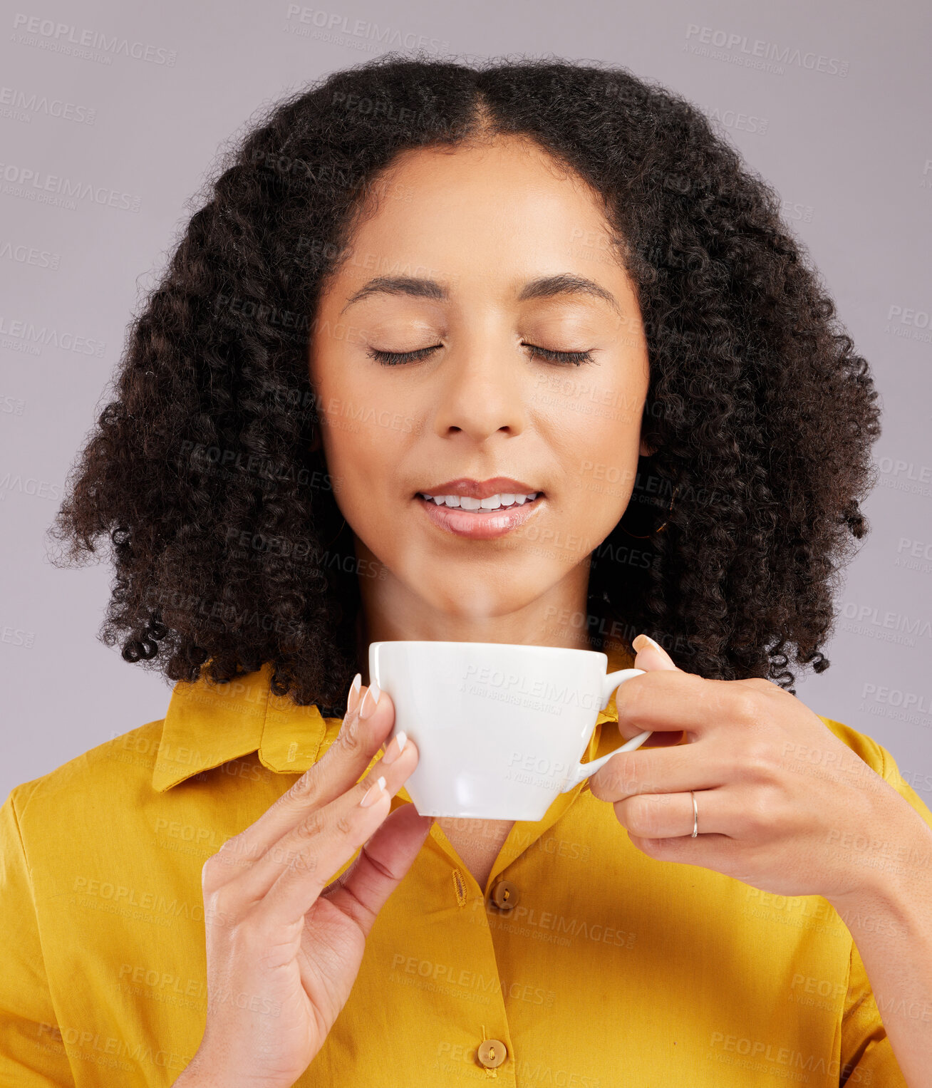 Buy stock photo Relax, enjoying aroma and a woman drinking coffee isolated on a white background in studio. Calm, content and a girl with a warm beverage or cup of tea for relaxation, peace or a break on a backdrop