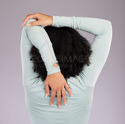 Buy stock photo Stretching, arms and back of a woman for fitness isolated on a studio background. Training, preparation and a girl with a warm up and body stretch for exercise, workout and sports on a backdrop