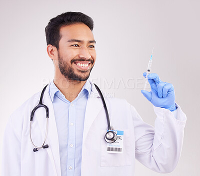 Buy stock photo Healthcare, man and doctor with vaccine, injection or shot in studio against a white background. Medicine, vaccination and happy male expert with needle for medical, protection or disease treatment