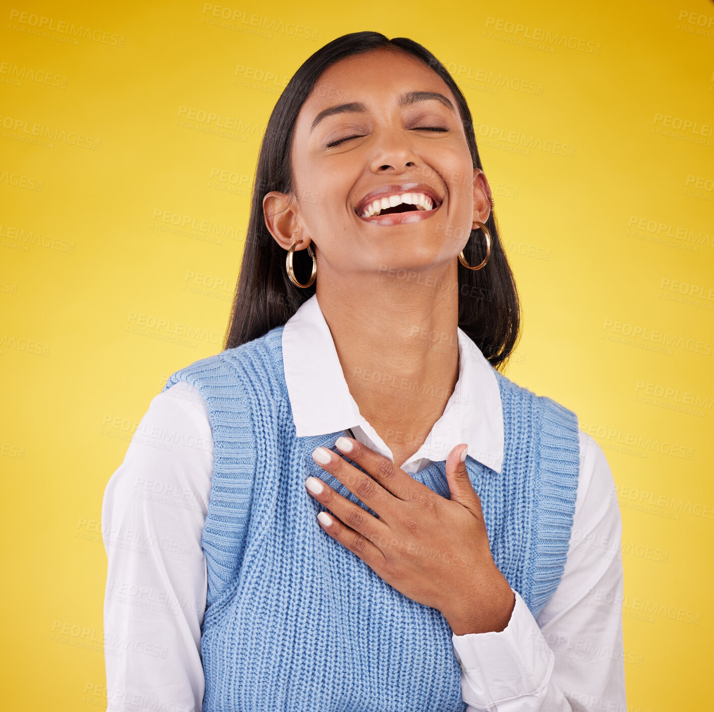 Buy stock photo Humor, funny and woman laughing, smile and joke for fun, comic and joyful against studio background. Female model, relax and happy person with happiness, positive energy and carefree with confidence