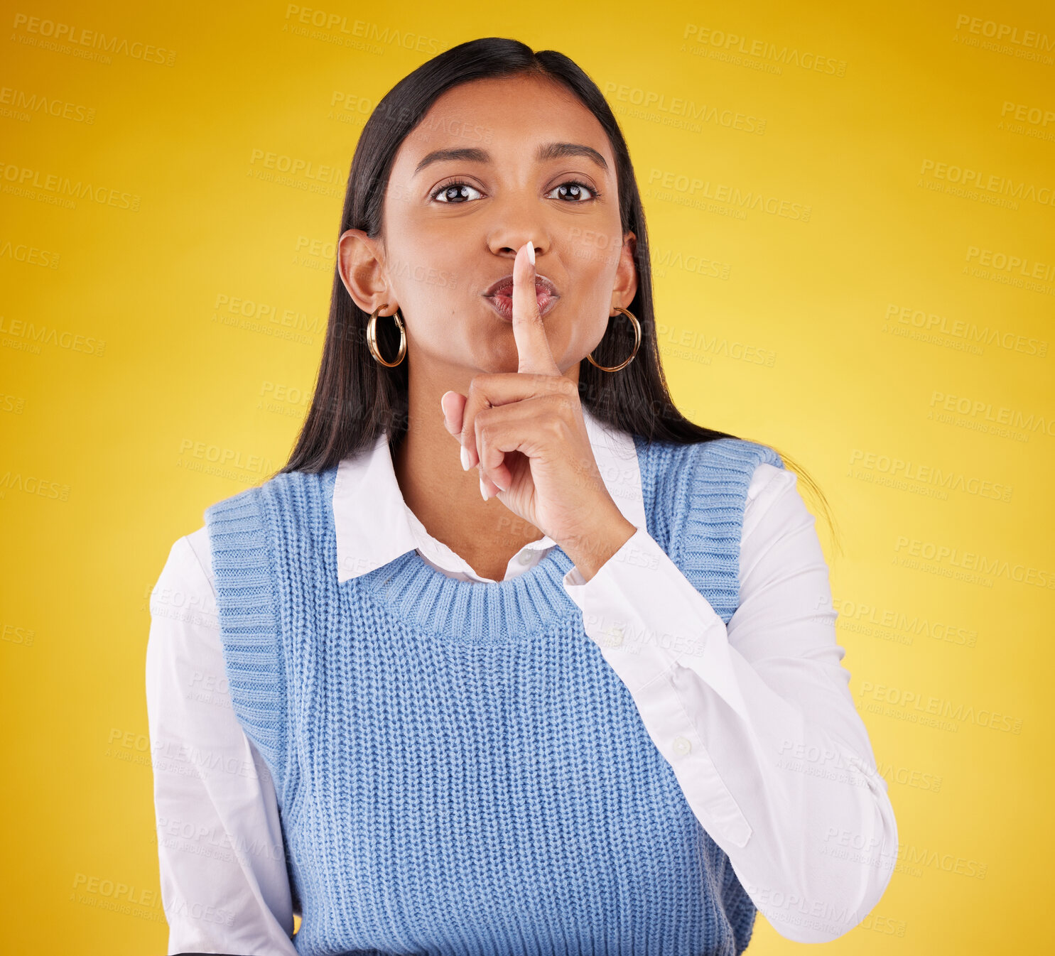 Buy stock photo Portrait, secret and woman with finger on lips, private and whisper on a studio background. Face, female person or girl with gesture for quiet, silence and secrecy with privacy sign, gossip and emoji