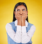 Silly, woman and happy in a studio with a female model feeling playful and cute. Isolated, yellow background and young person with funny, comic and goofy happiness with emoji and fun joke alone