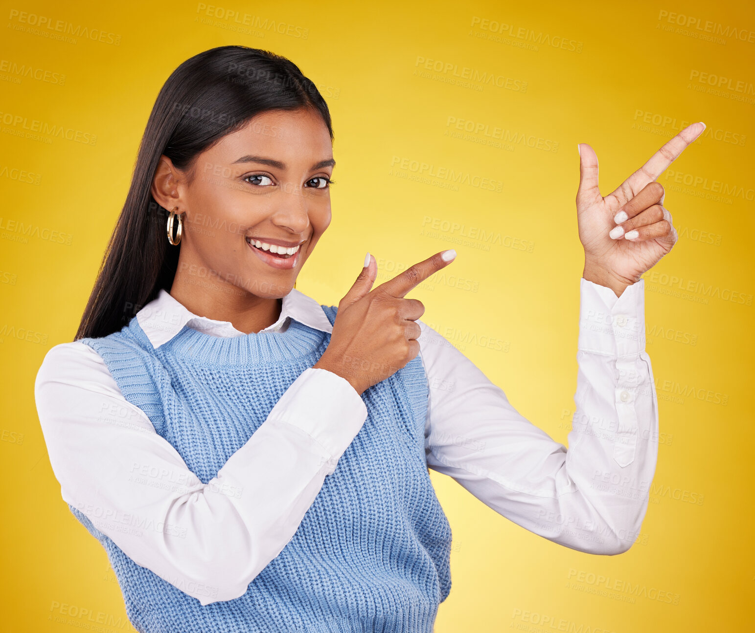 Buy stock photo Woman, portrait and gun fingers in a studio pointing with emoji hand gesture with a smile. Happiness, business female and happy youth with proud and cool hands sign in isolated yellow background