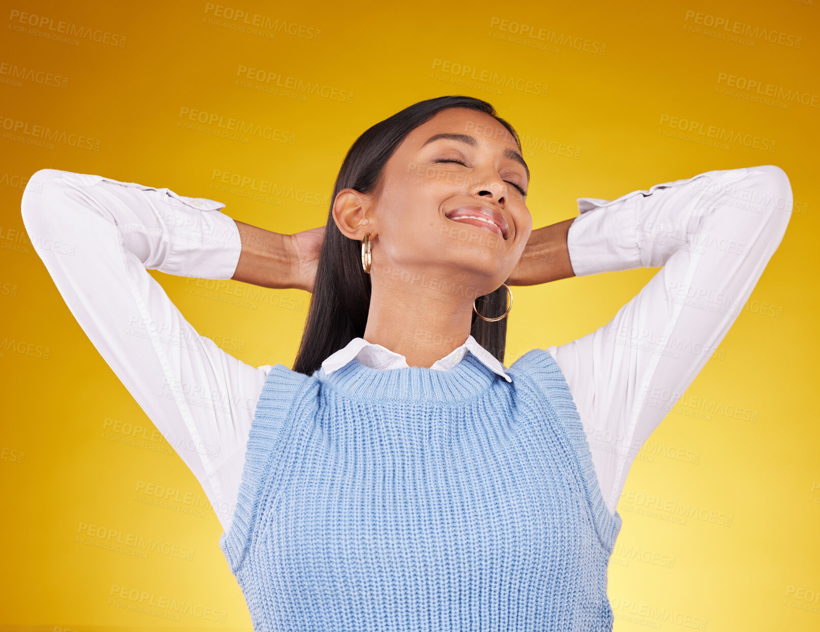 Buy stock photo Relax, happy and woman in studio smile, chilling and satisfied against gradient yellow background. Peaceful, happiness and indian female content, cheerful and carefree while leaning and isolated