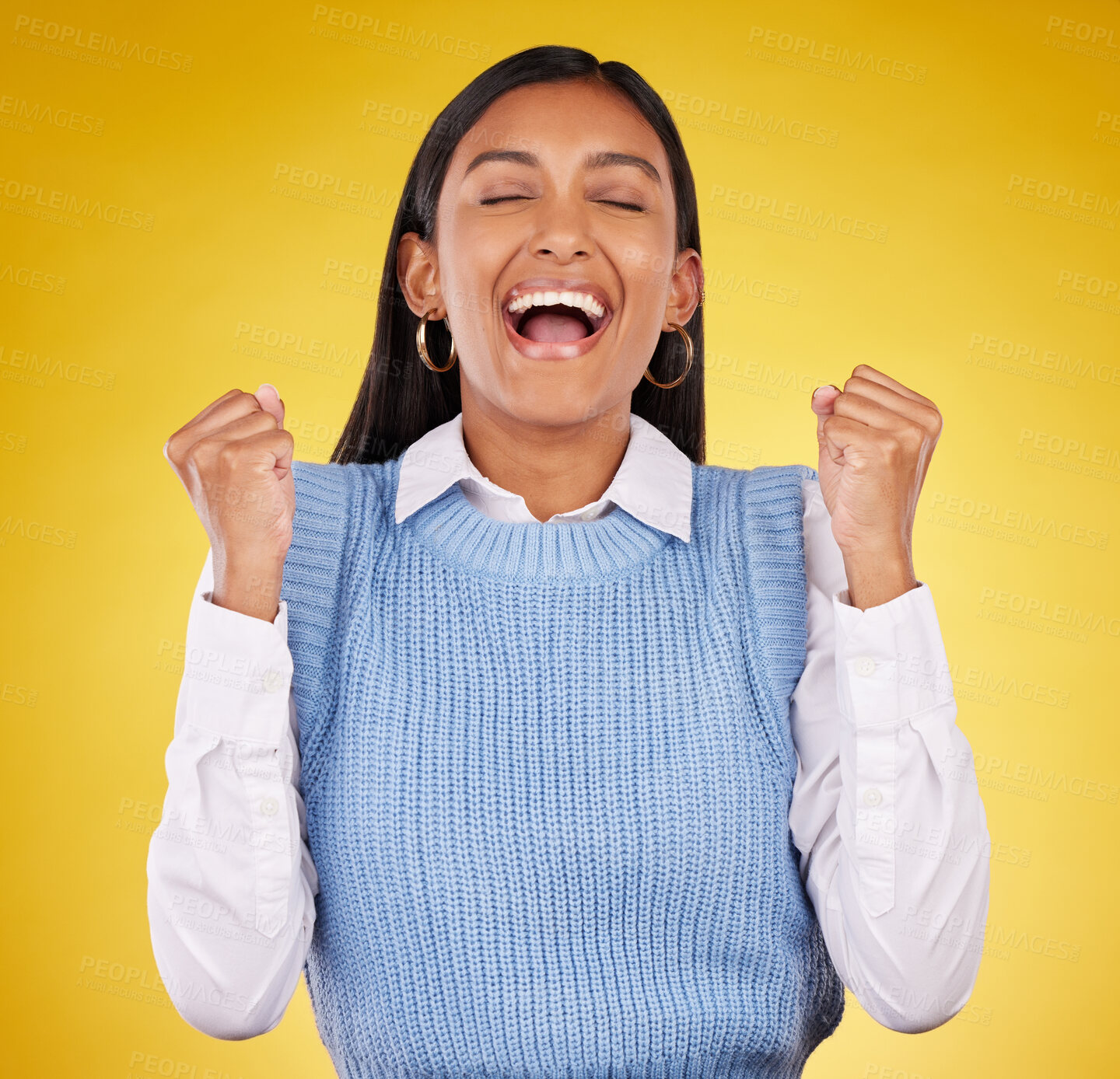 Buy stock photo Happy, winner and yes with woman in studio for success, excited and celebration cheering. Wow, fist pump and achievement with female on yellow background for victory, promotion and good news