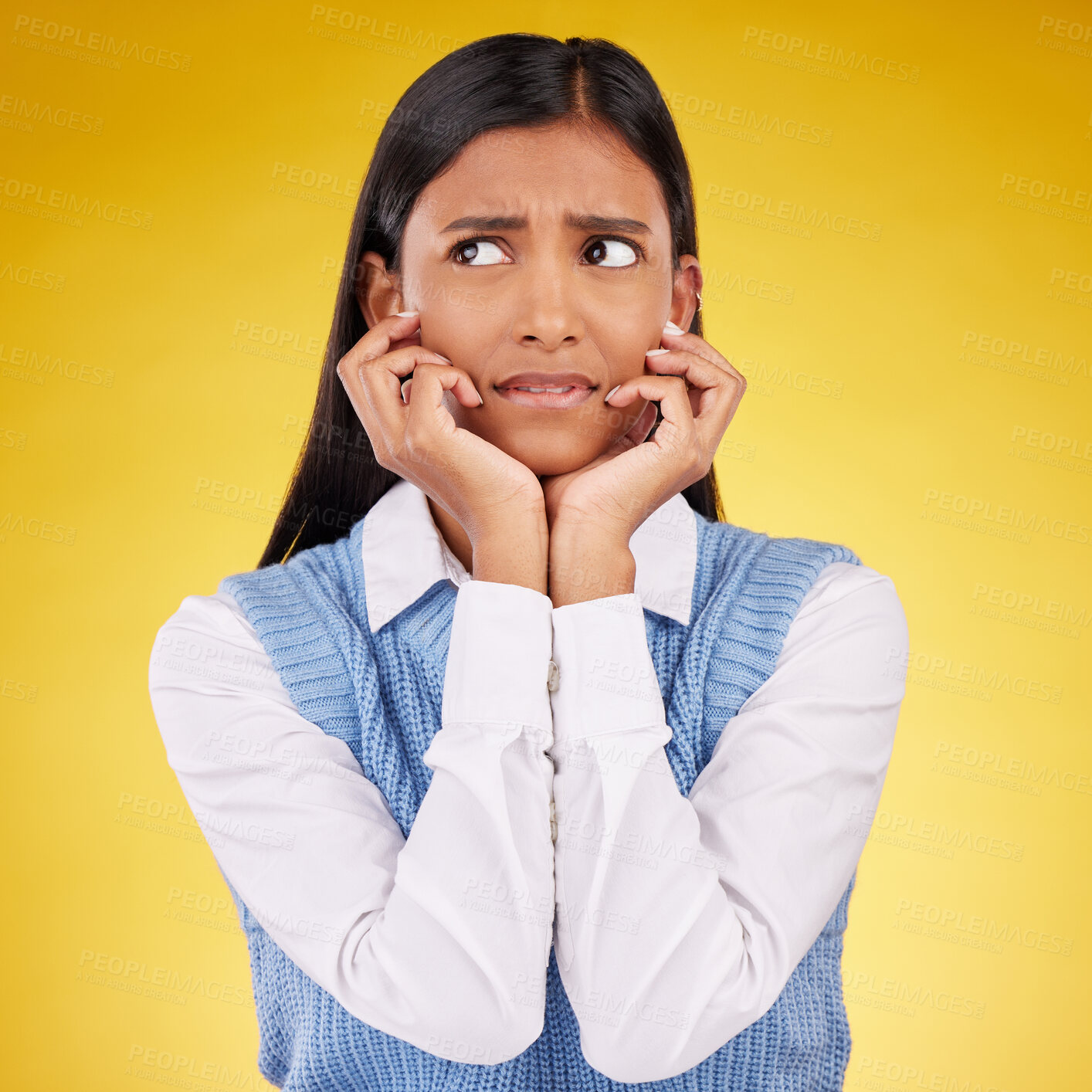 Buy stock photo Thinking, confused and woman in doubt with anxiety, stress and ideas isolated on yellow background. Fear, concentration on face and difficult choice or thought for gen z model in studio mockup space.