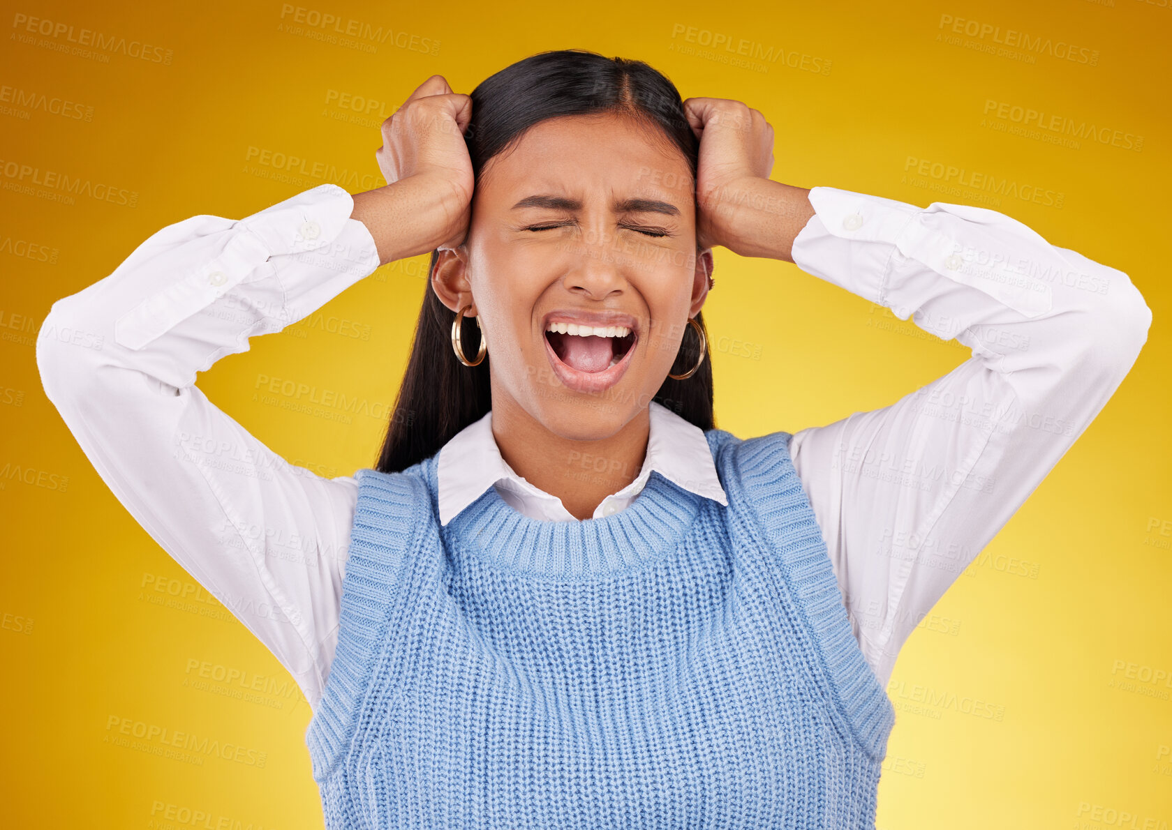 Buy stock photo Frustrated, headache and woman with stress, depression and anxiety against studio background. Female, shouting and person with mental health issues, problems and screaming with a migraine and trauma