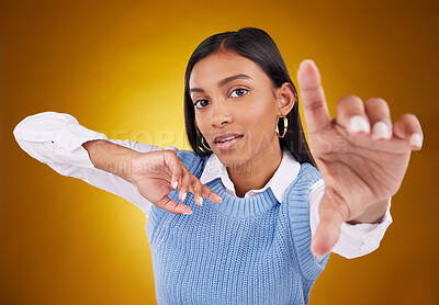 Buy stock photo Selfie hand, woman and portrait in studio isolated on a brown background. Face, profile picture and Indian person taking photo for serious memory, social media or photography on a backdrop.