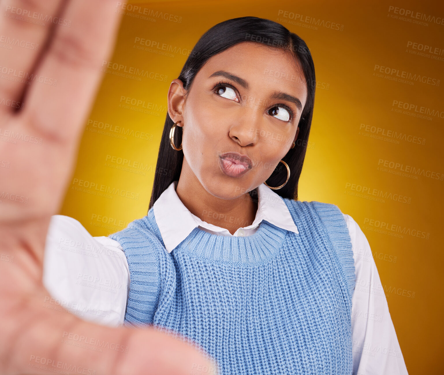 Buy stock photo Selfie, happy woman and kiss in studio isolated on a brown background or backdrop. Thinking, idea and Indian person taking photo for memory, social media or profile picture for photography pout.