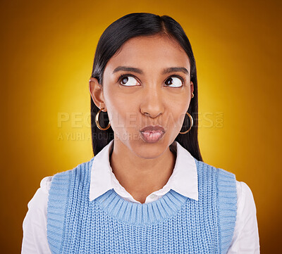 Buy stock photo Thinking, idea and woman in studio unsure, pensive and wondering on gradient yellow background. Contemplating, doubt and puzzled Indian lady with decision, choice or emoji while posing isolated 