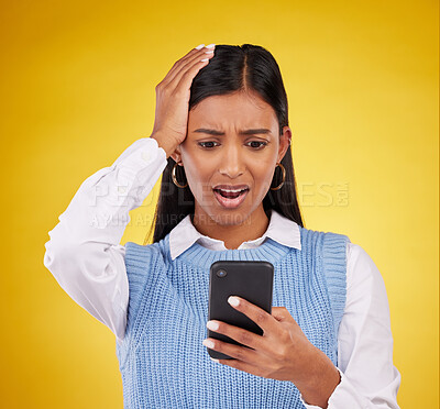 Buy stock photo Problem, bad news and a woman with a notification on a phone isolated on a studio background. Sad, glitch and an indian girl reading a message on a mobile app with shock and surprise on a backdrop