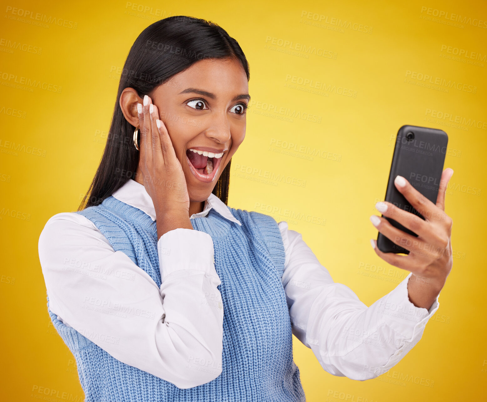 Buy stock photo Phone surprise, online news and happy woman shocked over mobile notification, app promotion or wow discount. Reading OMG info, cellphone announcement and excited studio female on yellow background