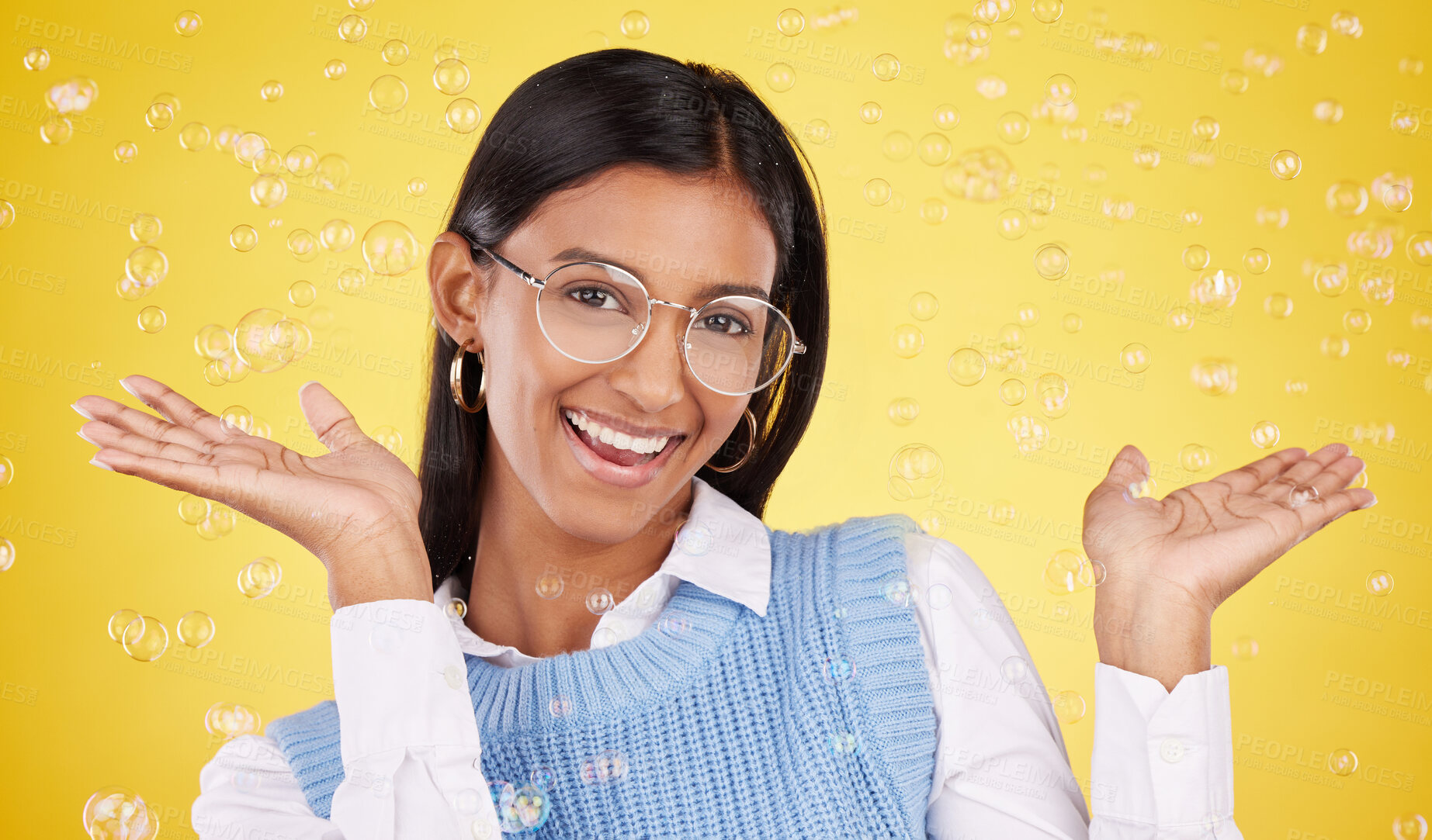 Buy stock photo Happy, bubbles and portrait of a woman in a studio with glasses for eye care, optical wellness and health. Happiness, smile and female model with spectacles and positive mindset by yellow background.