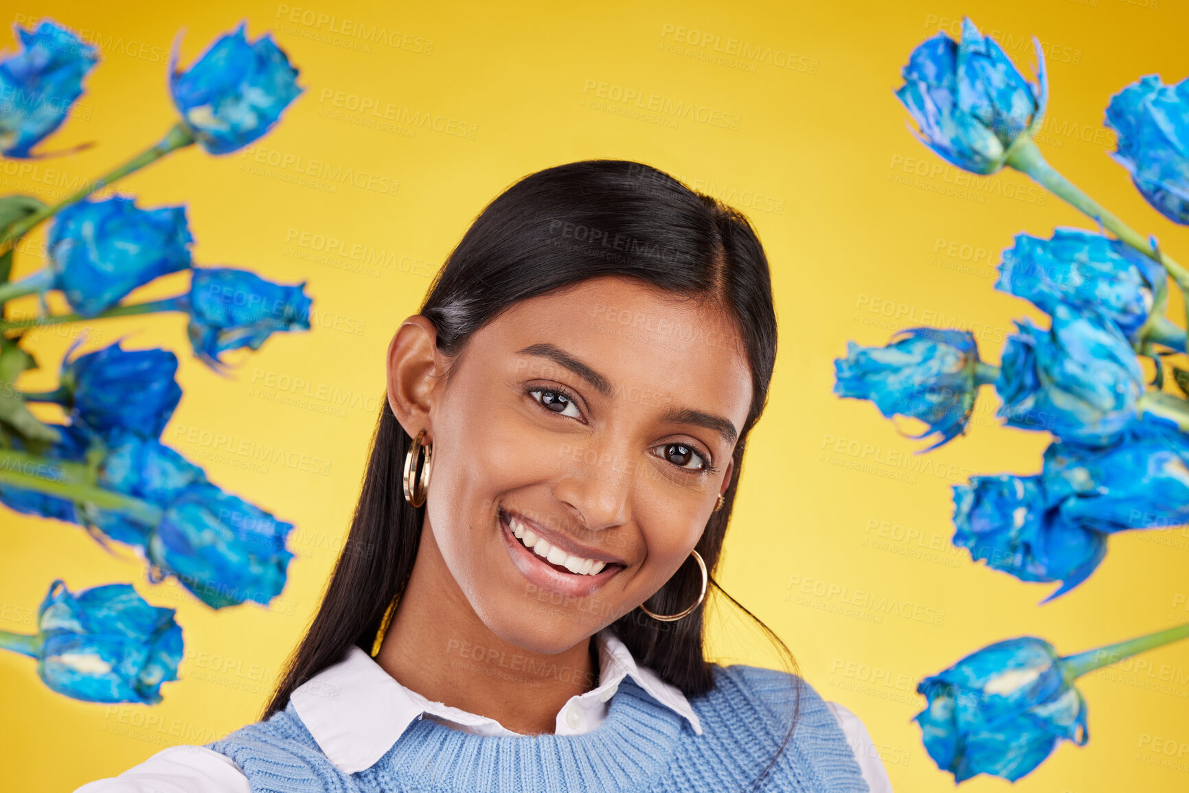 Buy stock photo Portrait, love and blue roses with a woman on a yellow background in studio for valentines day. Face, flowers or smile and a happy female posing with plants for anniversary, romance or celebration