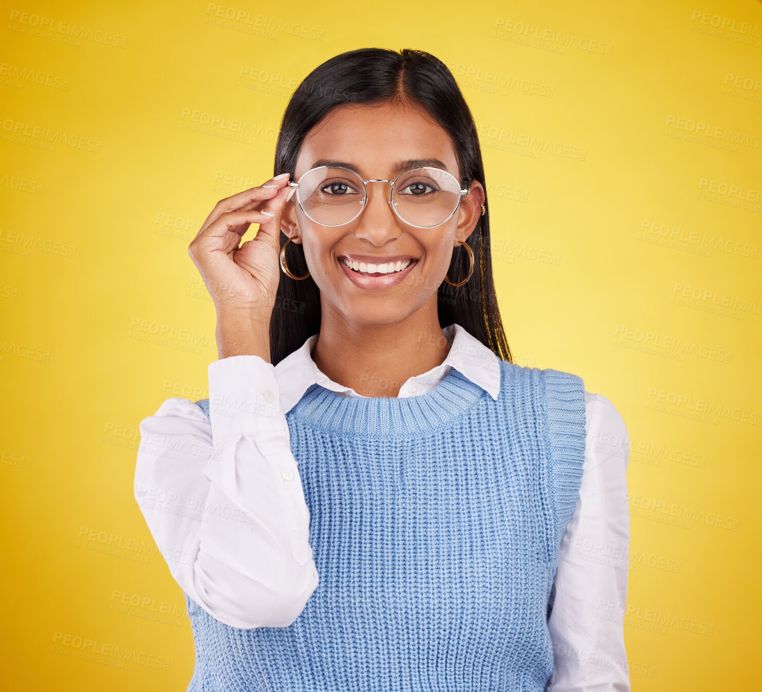 Buy stock photo Glasses, happy and portrait of woman in studio for eyewear, vision and confidence. Optometry, nerd and happiness with female and spectacles isolated on yellow background for pride, young and eye care