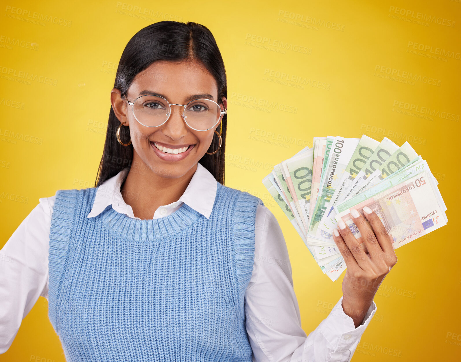 Buy stock photo Studio cash money, portrait and woman smile for lottery prize, competition win or dollar bills award. Finance winner, payment or person winning poker, giveaway or casino gambling on yellow background